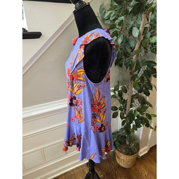 Free People Tunic Top Womens Small Blue Floral Cap Sleeve Drop Waist Crew Neck - Picture 11 of 11